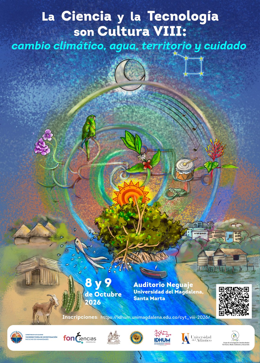 Afiche del evento: ilustración de un paisaje caribeño con manglar, río, ranchería wayuu, palafitos, sol y luna, sobre fondo azul.